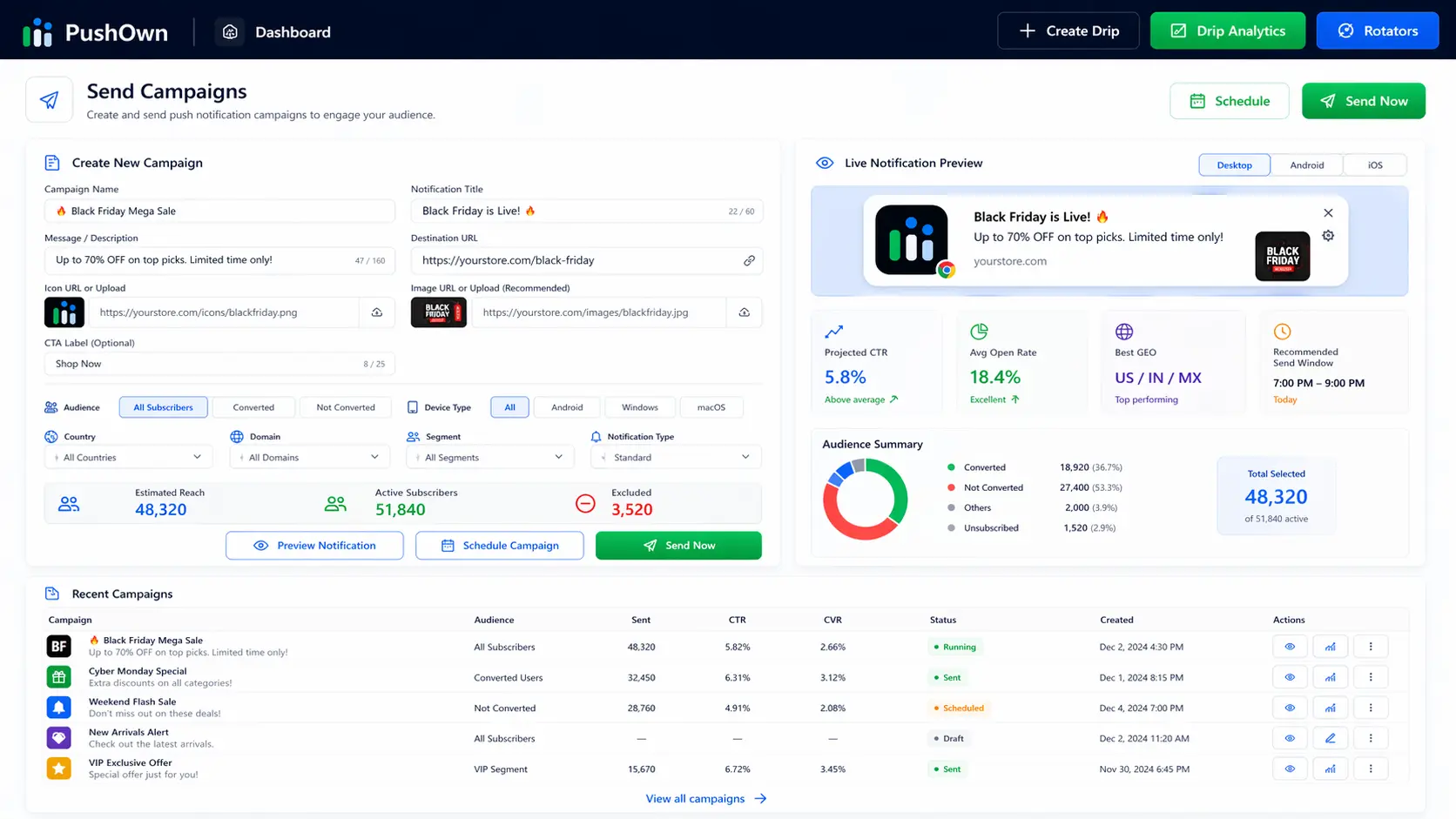 PushOwn send campaigns module